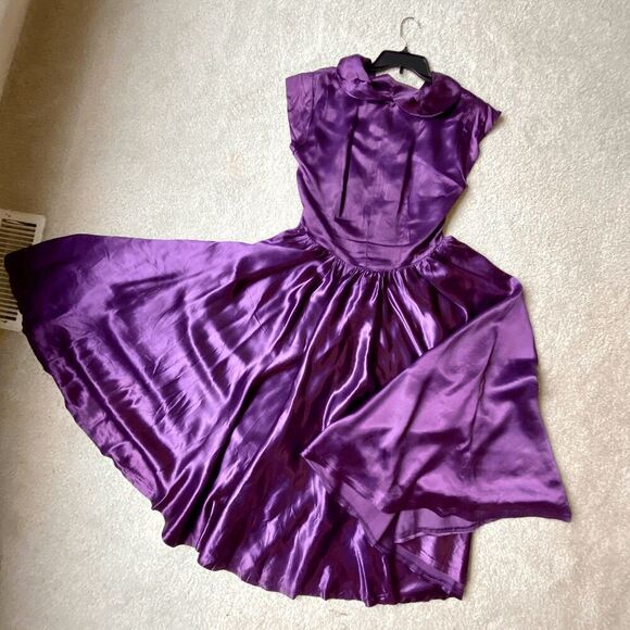 Vintage 1950s Purple Satin Formal Princess Dress Full Circle Skirt - Restored SZ - Picture 1 of 12